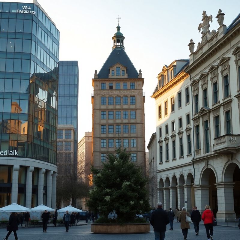Ranní pohled na centrum Pardubic — moderní kanceláře a historická architektura