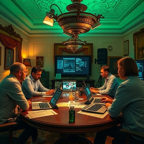 Redakční tým Nového Skupiny při poradě u stolu s notebooky a tištěnými grafy